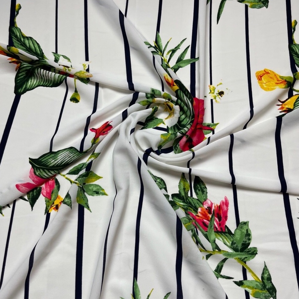 Floral Striped White Multicolor Chiffon de Crépe Fabric